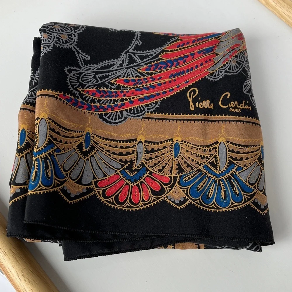 Pierre Cardin Oversized Silk Scarf 55x55 Birds Crane Print Black Gold